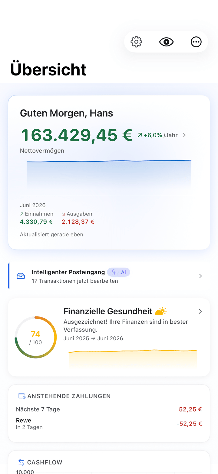 Dashboard für Vermögen und monatlichen Cashflow auf dem iPhone