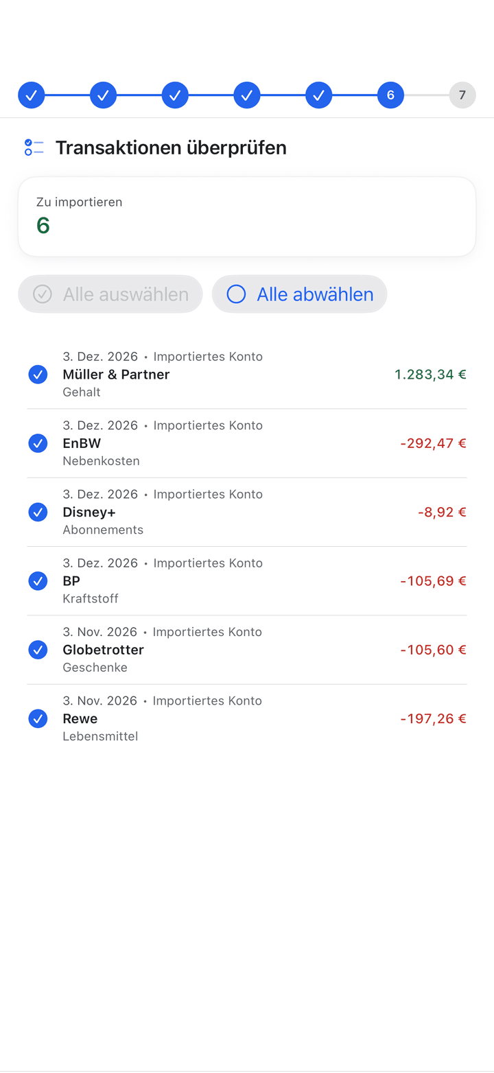 Import-Assistent für QIF, OFX, CSV, MT940, CAMT.053, HBK und XHB auf dem iPhone