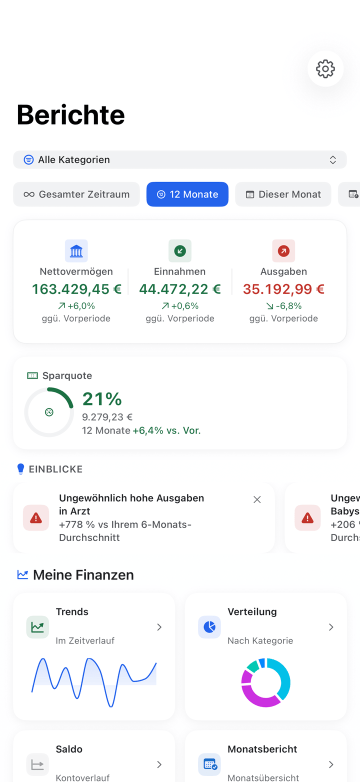 Berichte mit Finanzgesundheits-Score und Ausgabenaufschlüsselung auf dem iPhone