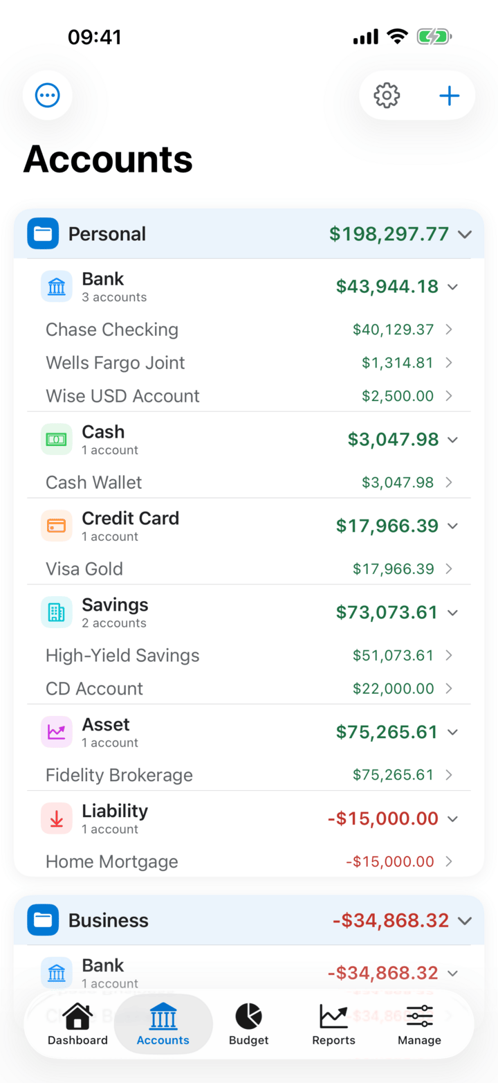 Account list with balances and transactions on iPhone