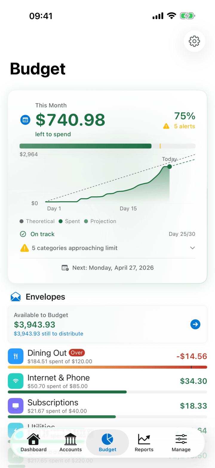 Envelope budgets with monthly progress on iPhone