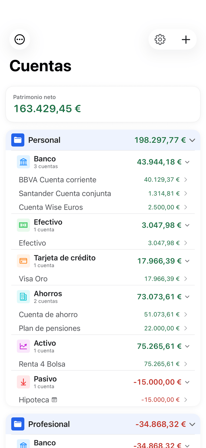 Lista de cuentas con saldos y transacciones en iPhone