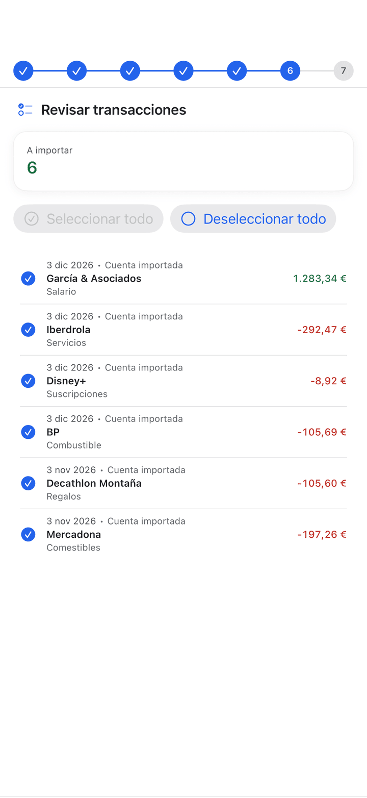 Asistente de importación para QIF, OFX, CSV, MT940, CAMT.053, HBK y XHB en iPhone