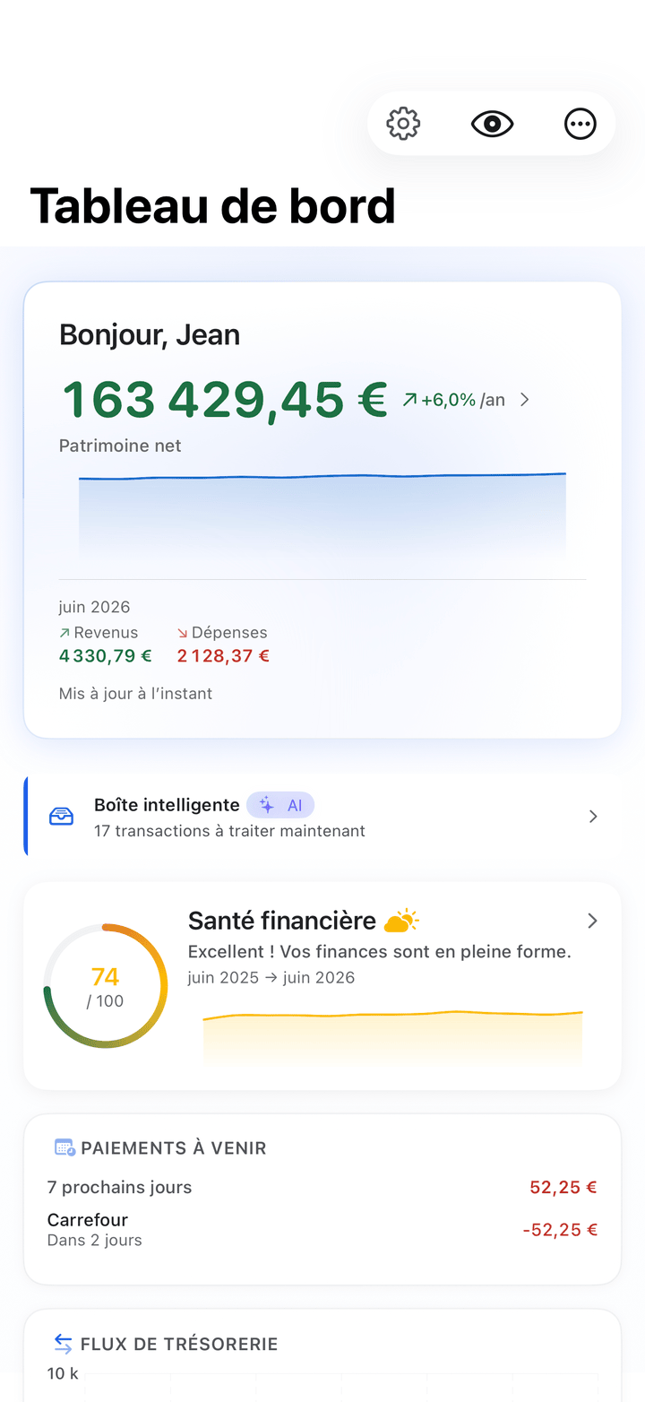 Tableau de bord du patrimoine net et de la trésorerie mensuelle sur iPhone