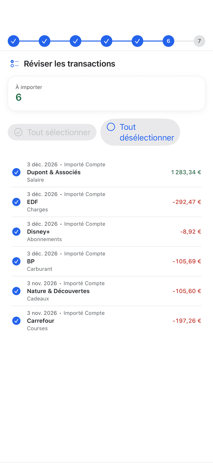Assistant d’import pour QIF, OFX, CSV, MT940, CAMT.053, HBK et XHB sur iPhone