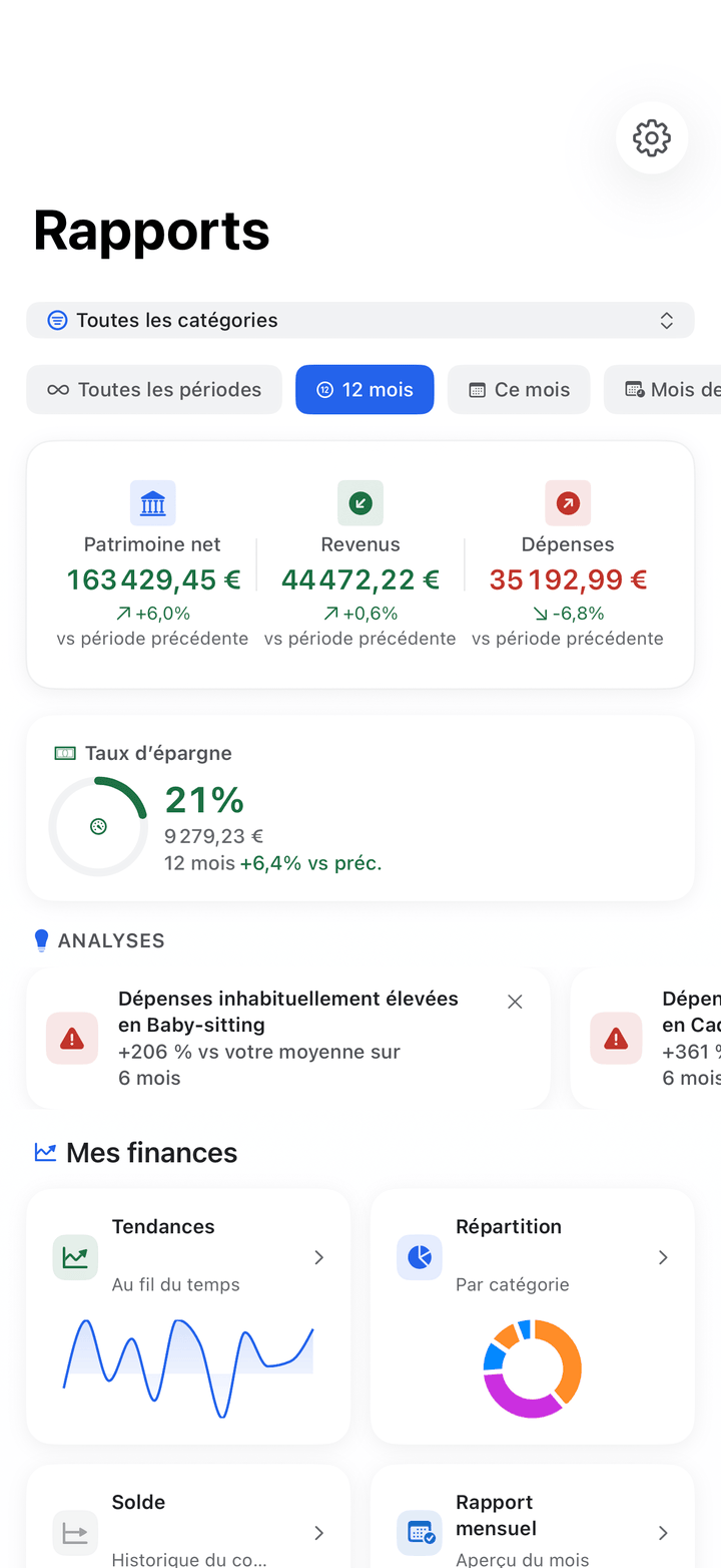Rapports avec score de santé financière et répartition des dépenses sur iPhone