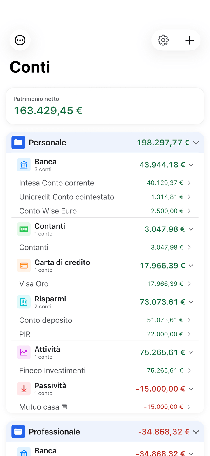 Elenco dei conti con saldi e transazioni su iPhone