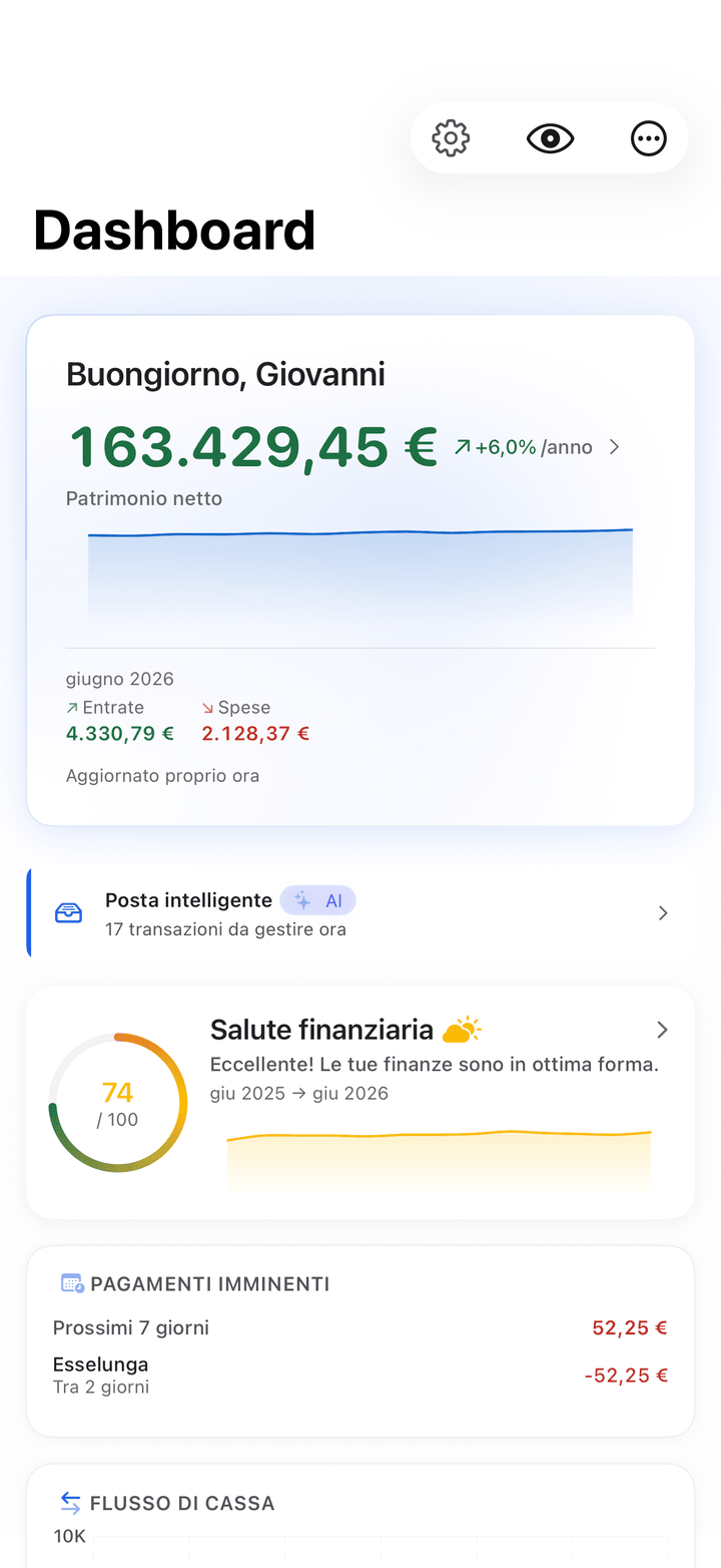 Dashboard del patrimonio netto e del flusso di cassa mensile su iPhone