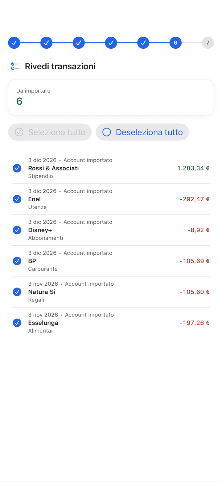 Procedura di importazione per QIF, OFX, CSV, MT940, CAMT.053, HBK e XHB su iPhone