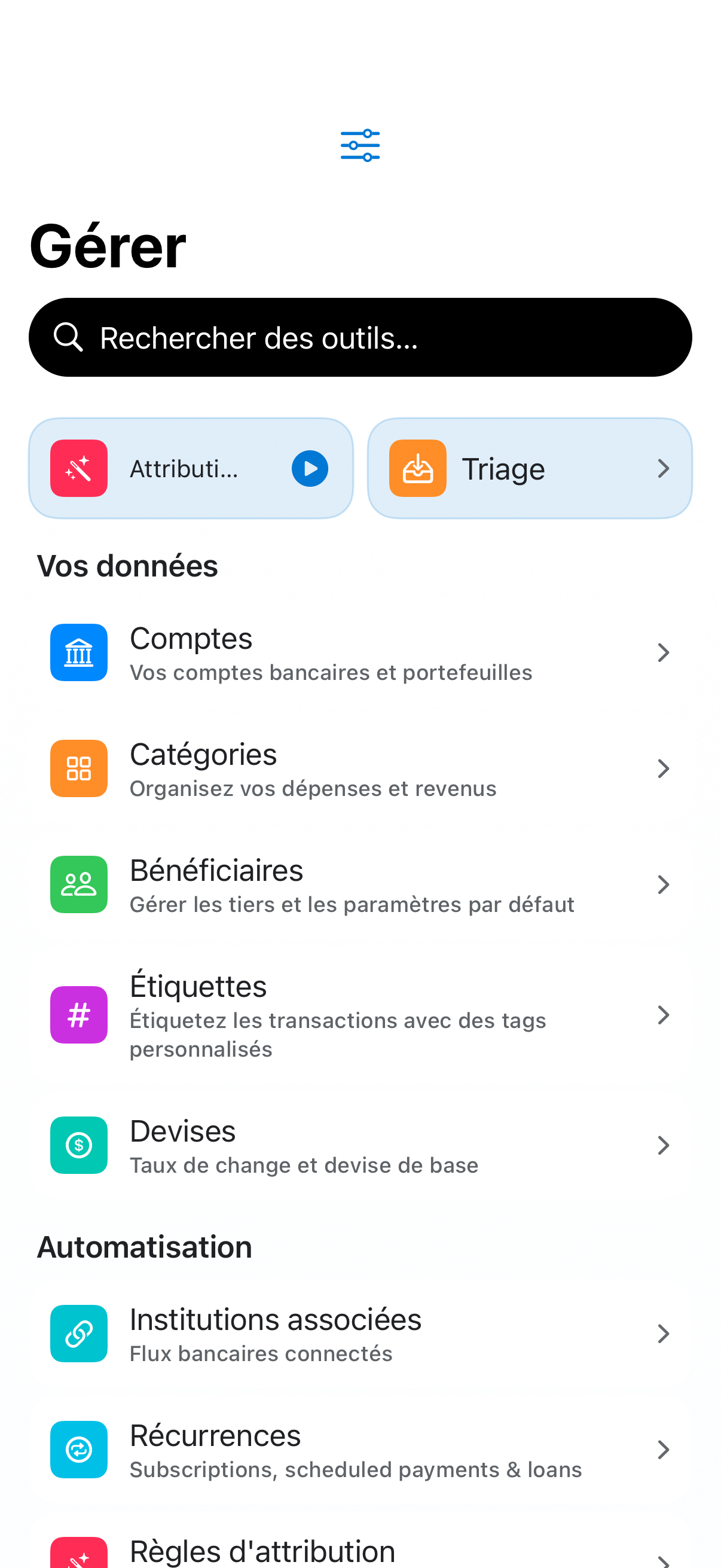 Manage view with accounts, categories, payees and tools