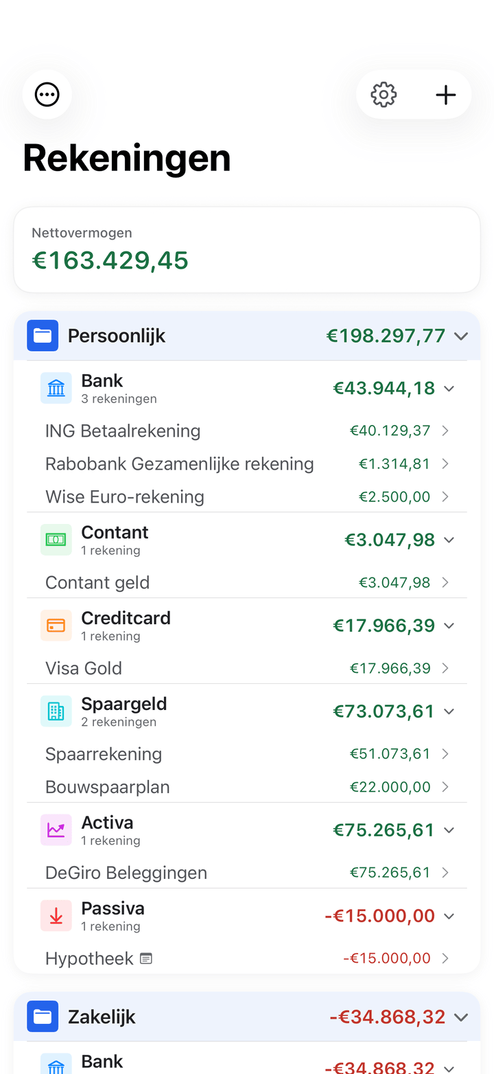 Rekeningenlijst met saldi en transacties op iPhone