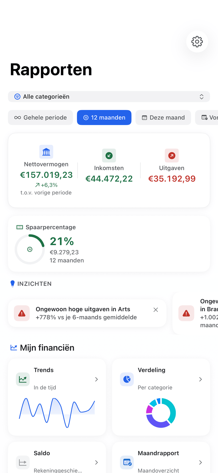 Rapporten met financiële gezondheidsscore en uitgavenverdeling op iPhone