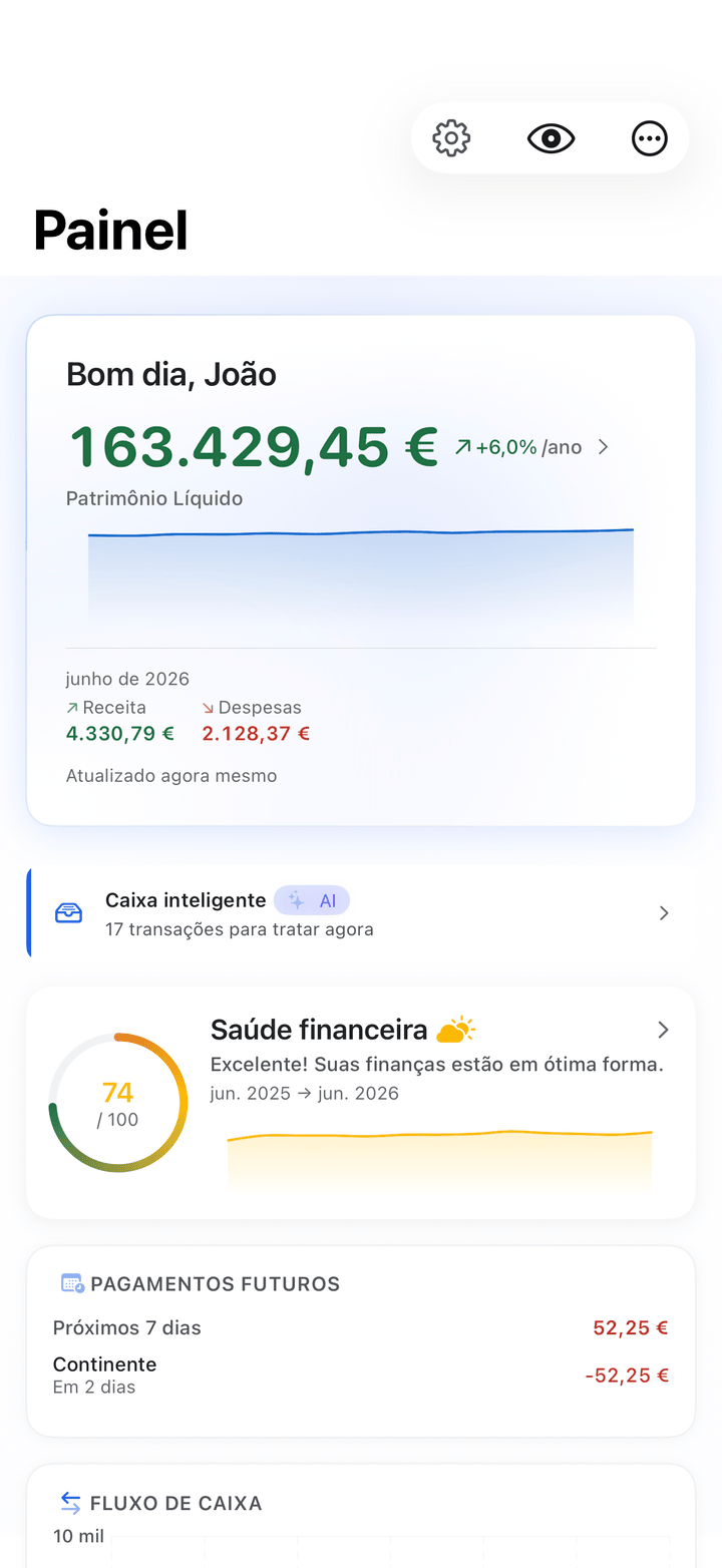 Painel de património líquido e fluxo de caixa mensal no iPhone