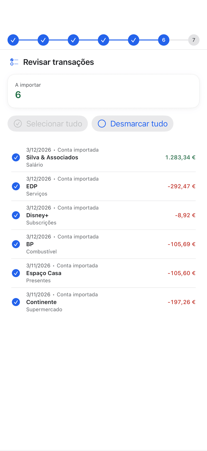 Assistente de importação para ficheiros CSV, QIF, OFX e bancários no iPhone