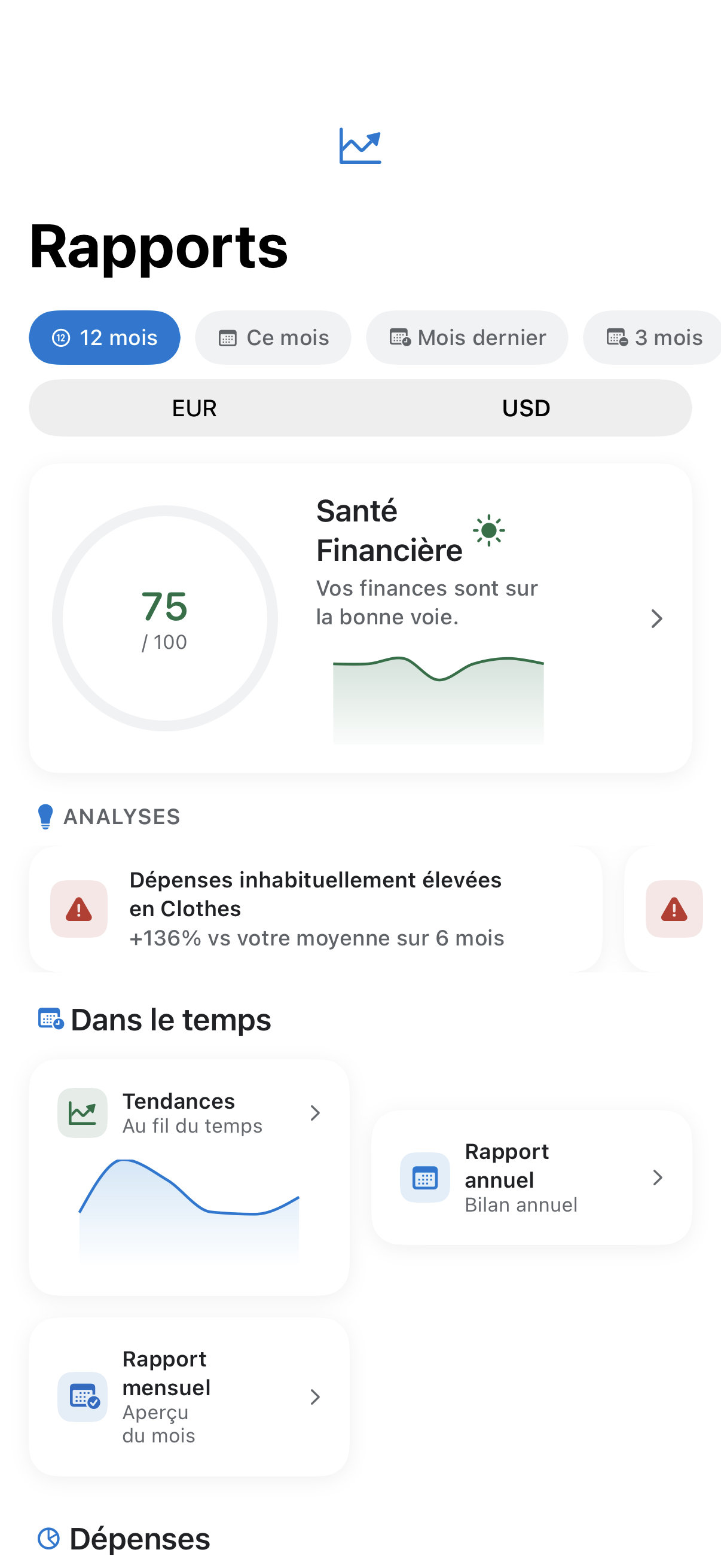 Reports hub with financial health score and trends