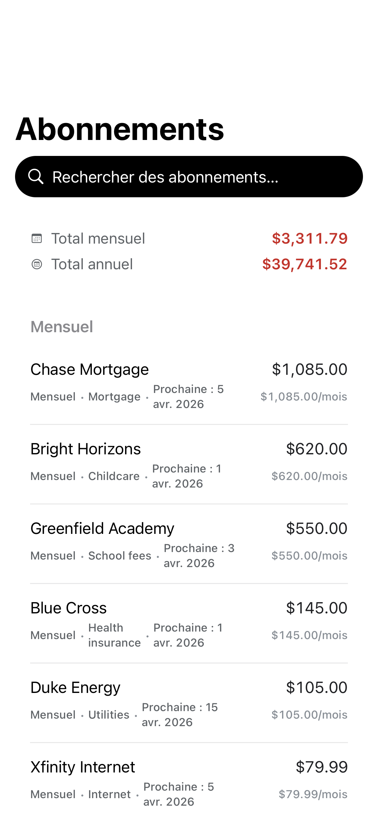 Subscriptions tracking with monthly costs